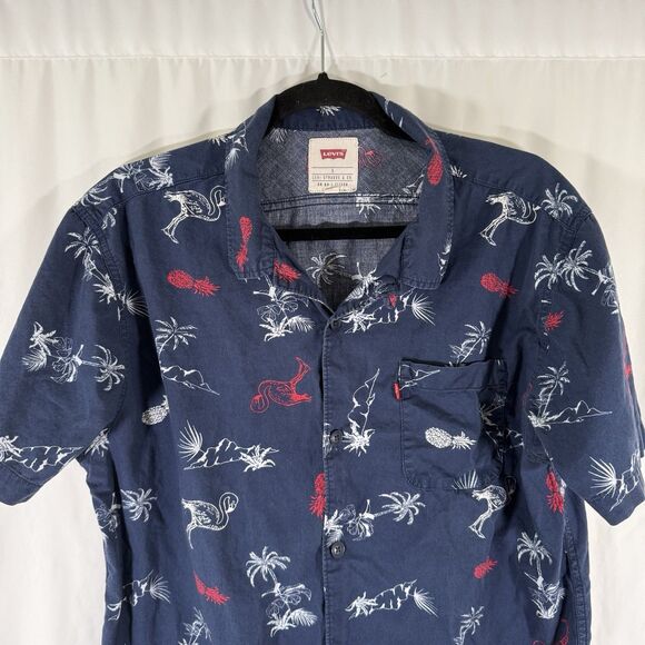 Levis Polo Shirt Men's Large Blue Pineapple Palm Trees Short Sleeve Button Up - Picture 2 of 11